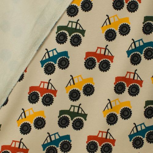 Beige sweaterstof met tractoren / pelsje aan de achterzijde